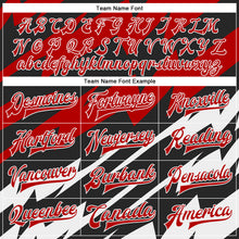 Load image into Gallery viewer, Custom Red Black-White Lightning 3D Pattern Design Bomber Full-Snap Varsity Letterman Jacket