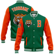 Load image into Gallery viewer, Custom Kelly Green Orange-White 3D Pattern Design Bomber Full-Snap Varsity Letterman Jacket