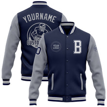 Load image into Gallery viewer, Custom Navy White-Gray Bomber Full-Snap Varsity Letterman Two Tone Jacket
