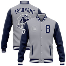 Load image into Gallery viewer, Custom Gray Navy-White Bomber Full-Snap Varsity Letterman Two Tone Jacket