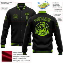 Load image into Gallery viewer, Custom Black Neon Green Bomber Full-Snap Varsity Letterman Jacket