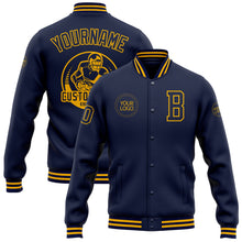 Load image into Gallery viewer, Custom Navy Gold Bomber Full-Snap Varsity Letterman Jacket