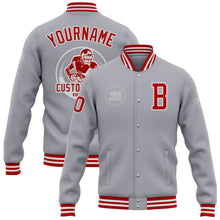 Load image into Gallery viewer, Custom Gray Red-White Bomber Full-Snap Varsity Letterman Jacket