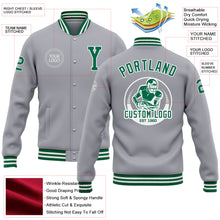 Load image into Gallery viewer, Custom Gray Kelly Green-White Bomber Full-Snap Varsity Letterman Jacket