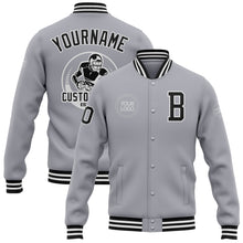 Load image into Gallery viewer, Custom Gray Black-White Bomber Full-Snap Varsity Letterman Jacket
