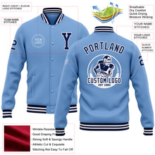 Load image into Gallery viewer, Custom Light Blue Navy-White Bomber Full-Snap Varsity Letterman Jacket