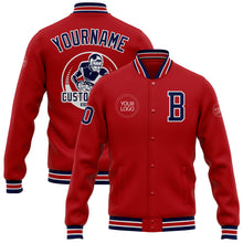 Load image into Gallery viewer, Custom Red Navy-White Bomber Full-Snap Varsity Letterman Jacket