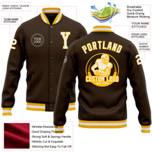 Load image into Gallery viewer, Custom Brown White-Gold Bomber Full-Snap Varsity Letterman Jacket