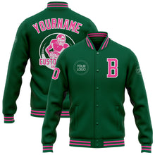 Load image into Gallery viewer, Custom Kelly Green Pink-White Bomber Full-Snap Varsity Letterman Jacket