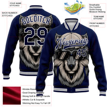 Load image into Gallery viewer, Custom Navy White-Gray Wolf 3D Pattern Design Bomber Full-Snap Varsity Letterman Jacket