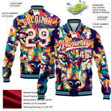 Load image into Gallery viewer, Custom Navy White-Orange Colorful Wolf 3D Pattern Design Bomber Full-Snap Varsity Letterman Jacket