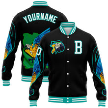 Load image into Gallery viewer, Custom Black White-Aqua Parrot 3D Pattern Design Bomber Full-Snap Varsity Letterman Jacket