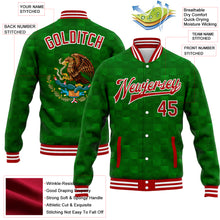 Load image into Gallery viewer, Custom Kelly Green Red-White Mexico 3D Bomber Full-Snap Varsity Letterman Jacket