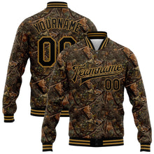 Load image into Gallery viewer, Custom Camo Black-Old Gold Realistic Forest Camouflage 3D Bomber Full-Snap Varsity Letterman Salute To Service Jacket