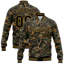 Load image into Gallery viewer, Custom Camo Black-Old Gold Classic Wood Camouflage 3D Bomber Full-Snap Varsity Letterman Salute To Service Jacket