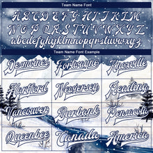 Load image into Gallery viewer, Custom White Navy Watercolor Winter Snow Landscape 3D Pattern Design Bomber Full-Snap Varsity Letterman Jacket