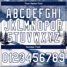 Load image into Gallery viewer, Custom White Navy Watercolor Winter Snow Landscape 3D Pattern Design Bomber Full-Snap Varsity Letterman Jacket