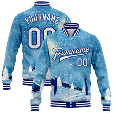 Load image into Gallery viewer, Custom Light Blue White-Royal Watercolor Winter Landscape With Snowy Trees 3D Pattern Design Bomber Full-Snap Varsity Letterman Jacket