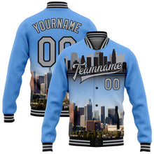 Load image into Gallery viewer, Custom Powder Blue Gray-Black Los Angeles California City Edition 3D Bomber Full-Snap Varsity Letterman Jacket