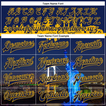 Load image into Gallery viewer, Custom Navy Gold Rainbow Bridge And Statue Of Liberty Tokyo Japan City Edition 3D Bomber Full-Snap Varsity Letterman Jacket