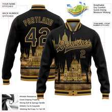 Load image into Gallery viewer, Custom Black Old Gold Parliament Building Budapest Hungary City Edition 3D Bomber Full-Snap Varsity Letterman Jacket