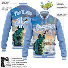 Load image into Gallery viewer, Custom Light Blue White Statue Of Liberty New York City Edition 3D Bomber Full-Snap Varsity Letterman Jacket