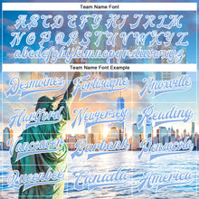 Load image into Gallery viewer, Custom Light Blue White Statue Of Liberty New York City Edition 3D Bomber Full-Snap Varsity Letterman Jacket