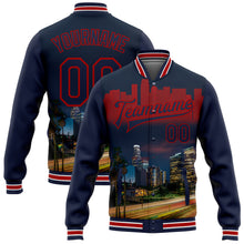 Load image into Gallery viewer, Custom Navy Red Los Angeles California City Edition 3D Bomber Full-Snap Varsity Letterman Jacket