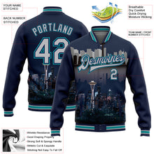 Load image into Gallery viewer, Custom Navy Gray-Teal Seattle Washington City Edition 3D Bomber Full-Snap Varsity Letterman Jacket