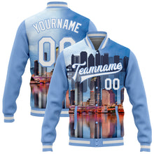 Load image into Gallery viewer, Custom Light Blue White Tampa Florida City Edition 3D Bomber Full-Snap Varsity Letterman Jacket