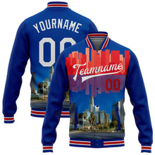 Load image into Gallery viewer, Custom Royal White-Red Los Angeles California City Edition 3D Bomber Full-Snap Varsity Letterman Jacket