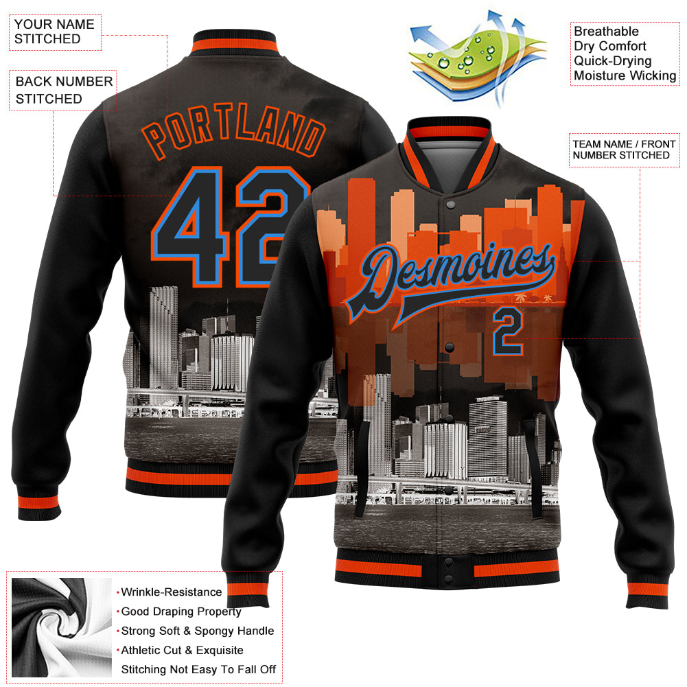 Custom Black Powder Blue-Orange Miami Florida City Edition 3D Bomber ...