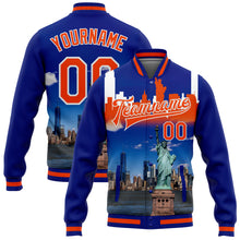 Load image into Gallery viewer, Custom Royal Orange-White Statue Of Liberty New York City Edition 3D Bomber Full-Snap Varsity Letterman Jacket