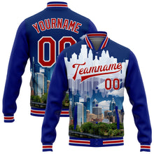 Load image into Gallery viewer, Custom Royal Red-White Philadelphia Pennsylvania City Edition 3D Bomber Full-Snap Varsity Letterman Jacket