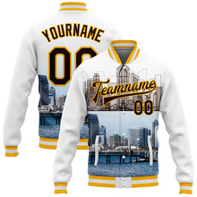 Load image into Gallery viewer, Custom White Brown-Gold San Diego California City Edition 3D Bomber Full-Snap Varsity Letterman Jacket