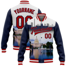 Load image into Gallery viewer, Custom White Red-Navy Capitol Washington City Edition 3D Bomber Full-Snap Varsity Letterman Jacket
