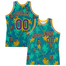 Load image into Gallery viewer, Custom Kelly Green Purple-Gold 3D Pattern Hawaii Palm Trees Pineapples Authentic Basketball Jersey