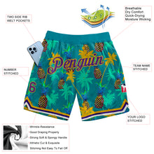Load image into Gallery viewer, Custom Kelly Green Purple-Gold 3D Pattern Design Palm Trees Pineapples Authentic Basketball Shorts