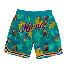 Load image into Gallery viewer, Custom Kelly Green Purple-Gold 3D Pattern Design Palm Trees Pineapples Authentic Basketball Shorts