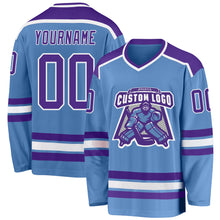 Load image into Gallery viewer, Custom Light Blue Purple-White Hockey Jersey