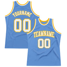 Load image into Gallery viewer, Custom Light Blue White-Gold Authentic Throwback Basketball Jersey