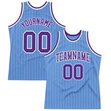 Load image into Gallery viewer, Custom Light Blue White Pinstripe Purple Authentic Basketball Jersey
