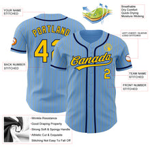 Load image into Gallery viewer, Custom Light Blue Yellow Pinstripe Navy Authentic Baseball Jersey