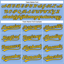 Load image into Gallery viewer, Custom Light Blue Yellow Pinstripe Navy Authentic Baseball Jersey