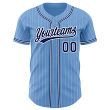 Load image into Gallery viewer, Custom Light Blue White Pinstripe Navy Authentic Baseball Jersey
