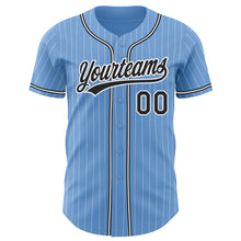 Load image into Gallery viewer, Custom Light Blue White Pinstripe Black Authentic Baseball Jersey