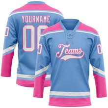 Load image into Gallery viewer, Custom Light Blue White-Pink Hockey Lace Neck Jersey