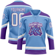 Load image into Gallery viewer, Custom Light Blue White-Purple Hockey Lace Neck Jersey
