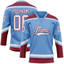 Load image into Gallery viewer, Custom Light Blue White-Crimson Hockey Lace Neck Jersey