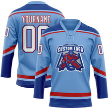 Load image into Gallery viewer, Custom Light Blue White Royal-Red Hockey Lace Neck Jersey
